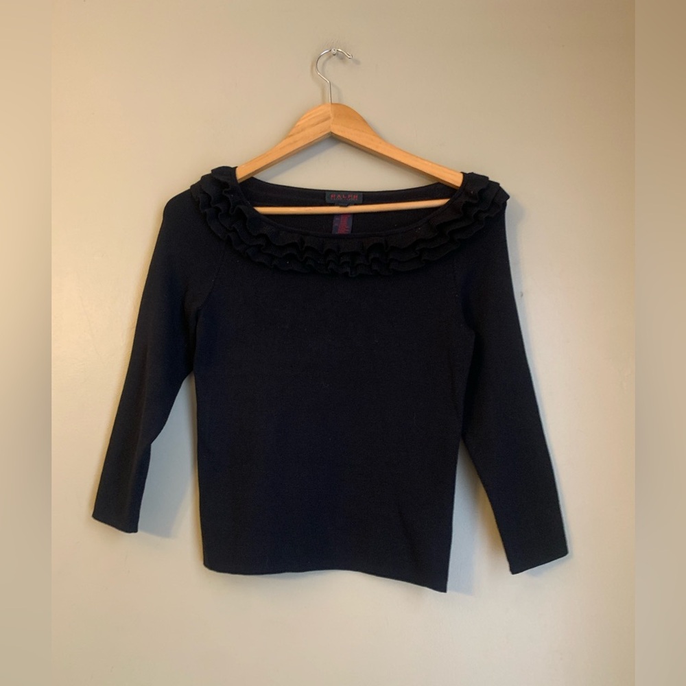 Ralph Ralph Lauren Black Ruffle Collar Scoop Neck 3/4 Sleeve Silk Blend Sweater